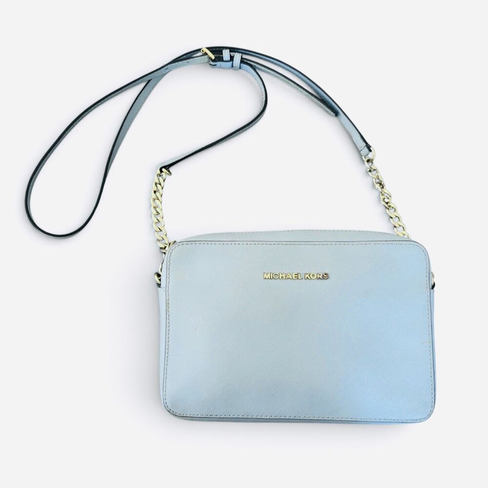 Michael Kors Jet Set Travel Saffiano Leather Crossbody Light Powder Blue Bag